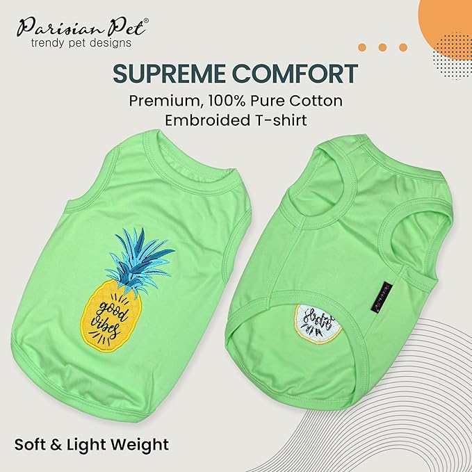 Parisian Pet Dog Tshirt - Embroidered “ Good Vibes “ Dogs Apparel - 100% Cotton and Lightweight Dog Clothes - Sleeveless Doggy Tee Shirts - Machine Washable Shirts for Medium Dogs - Pet Vest - M