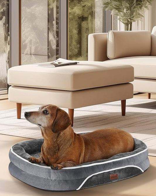 OhGeni Orthopedic Dog Couch Small Sized Pet Beds for Fathers Gifts with Comfort Foam Support, Soft Indestructible Fabric, Machine Washable Waterproof Removable Cover, 22-Inch (Gray)