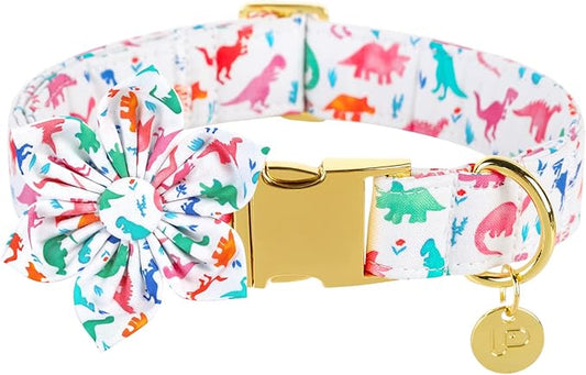 Flower Dog Collar, Dinosaur Adjustable Comfortable Cotton Dog Collar with Flower, Metal Buckle Dog Flower Collar for Puppy Girl Dog or Cat, XS