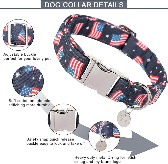 American Flag Dog Collar, 4th of July Comfortable Cotton Cute Dog Collar with Metal Buckle, Patriotic Collar for Puppy Girl Boy Dog or Cat, XS