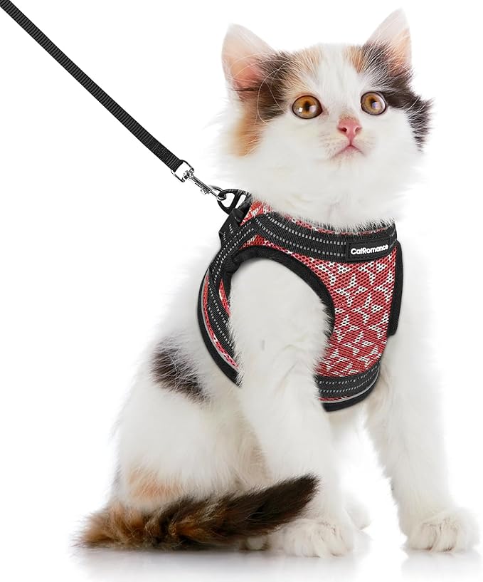 Cat Harness and Leash Escape Proof for Walking, Safe Adjustable Medium Kitten Vest Set with Reflective Strip for Kitty, Easy Control Comfortable Soft Outdoor Pet Harnesses, Red, Medium