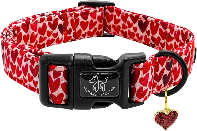 Elegant little tail Valentine's Dog Collar, Red Heart Dog Collars Female or Male Adjustable Cotton Pet Collar with Quick Release Buckle for Small Medium Large Dogs