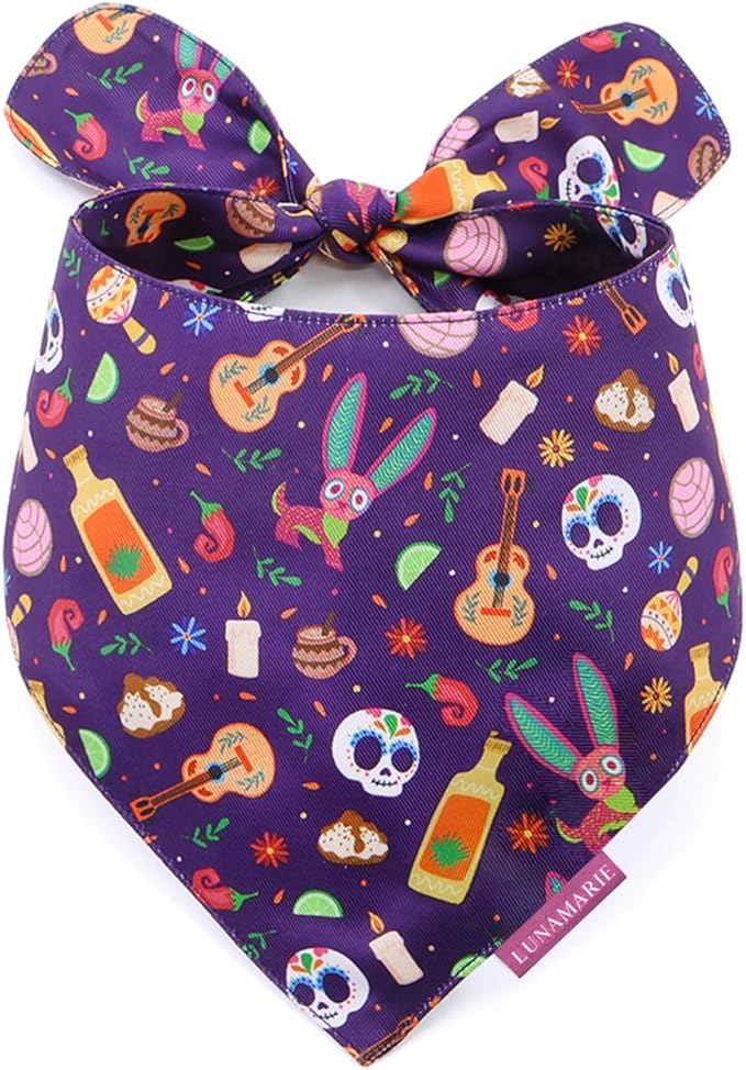 Luxury Dog Bandanas - Dia De Los Muertos Design | Premium & Silky Poly Fabric | 100% Handmade | Custom Shape Dual Layered Reversible Small, Medium, Large Cat Scarf (Day Of The Dead, Small)