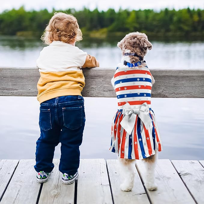 Vehomy 2-Pack 4th of July Dog Dresse American Flag Pattern Puppy Dress with Bow Independence Day Dog Skirt Stars & Stripes Dog Pet Holiday Outfit Apparel Clothes for Small Medium Dogs Cats M