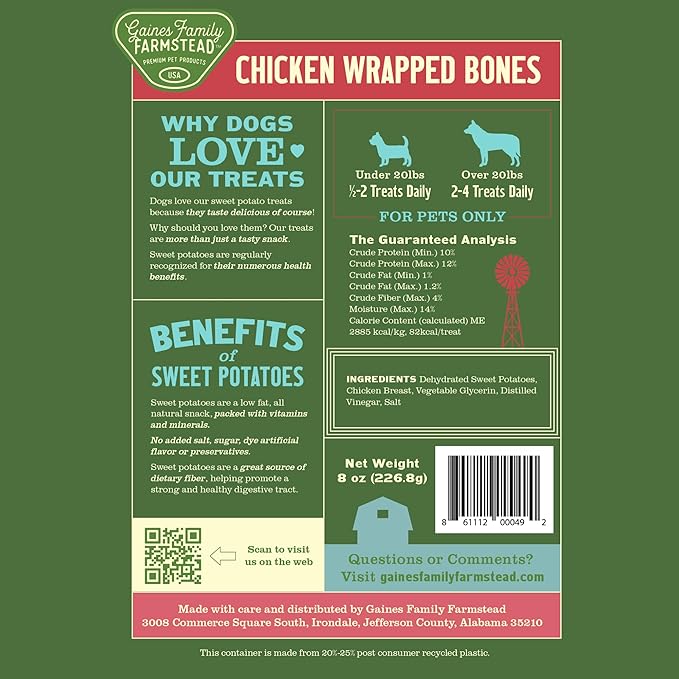 Gaines Family Farmstead Sweet Potato Chicken Wrapped Dog Bones, All Natural, Grain Free, Dog Treats for All Ages & Breeds, Great for Training and Rewards, Made in USA, 8 Ounce Pouch