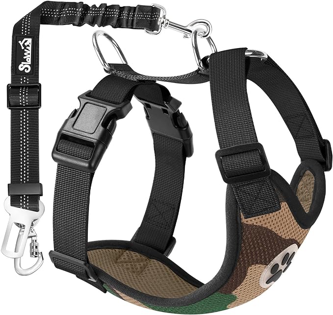 SlowTon Dog Seat Belt Harness for Car, Dog Car Harness Adjustable Mesh Breathable & Dog Seatbelt Safety Tether with Elastic Bungee for Small Medium Large Pets(Camouflage, Double Clip, M)