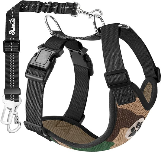 SlowTon Dog Seat Belt Harness for Car, Dog Car Harness Adjustable Mesh Breathable & Dog Seatbelt Safety Tether with Elastic Bungee for Small Medium Large Pets(Camouflage, Double Clip, M)