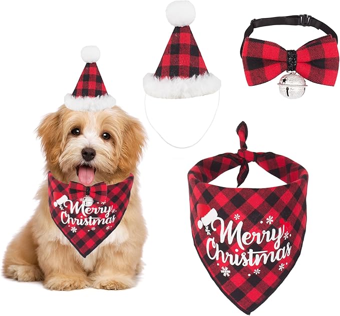 ADOGGYGO Christmas Dog Bandana Hat Bowtie, Red Plaid Pet Christma Hat Scarf Xmas Outfit Costume Accessories for Small Dogs (Small)