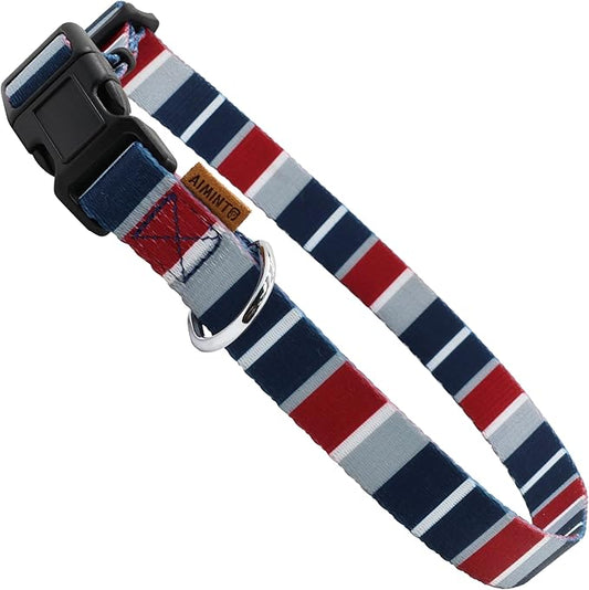 Dog Collar, Cute Multi Stripe Pattern, Soft and Adjustable Collar with Quick Release Buckle (M (Neck 14-24", Width 3/4"), Rainbow Navy)
