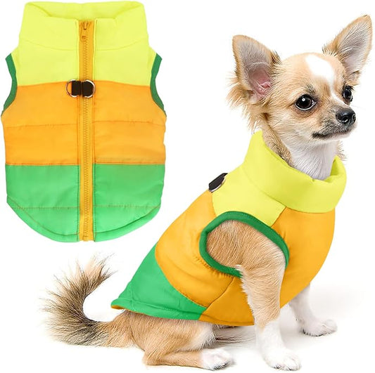 Idepet Pet Dog Cat Coat with Leash Anchor Color Patchwork Padded Puppy Vest Jacket Teddy Chihuahua Costumes Pug Cloth XS S M L (Small (Pack of 1), Green)