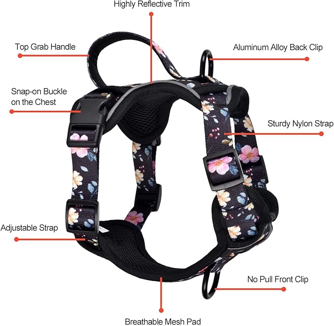 Petmolico Dog Harness for Small Dogs, Cute Harness Vest with Two Leash Clips and Soft Handle, Reflective Easy Walk Puppy Vest - Black Peach, Medium