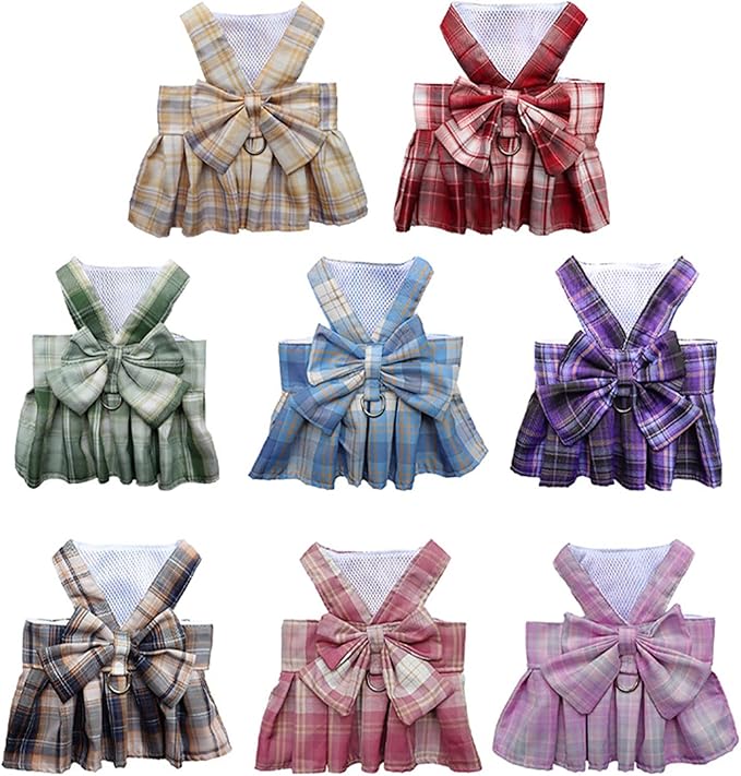 Dog Harness and Leash Set, Cute Bow Tie Plaid Harnesses for Puppy Cat, Adjustable Pet Kitties Vest, Breathable Harness Traction Rope for Boy Girl Small Animal(Skirt Sky Blue,L for 8.8-12.1lbs Dog)