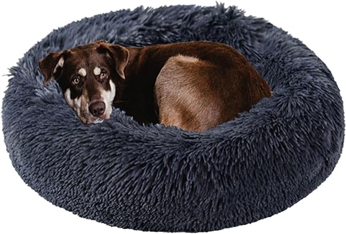 Dog Calming Beds for Small Medium Large Dogs - Round Donut Washable Puppy Dog Bed, Anti-Slip Faux Fur Fluffy Donut Cuddle Anxiety Cat Pet Bed(28" Dark Grey)