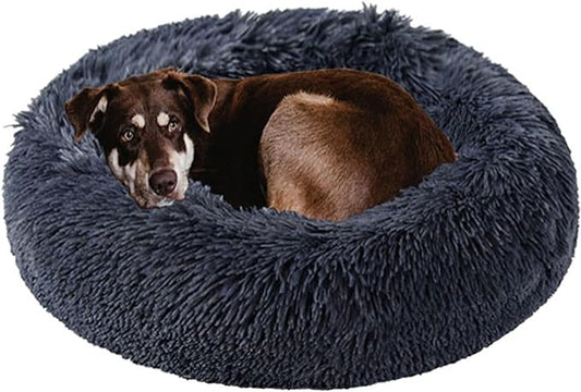 Dog Calming Beds for Small Medium Large Dogs - Round Donut Washable Puppy Dog Bed, Anti-Slip Faux Fur Fluffy Donut Cuddle Anxiety Cat Pet Bed(28" Dark Grey)
