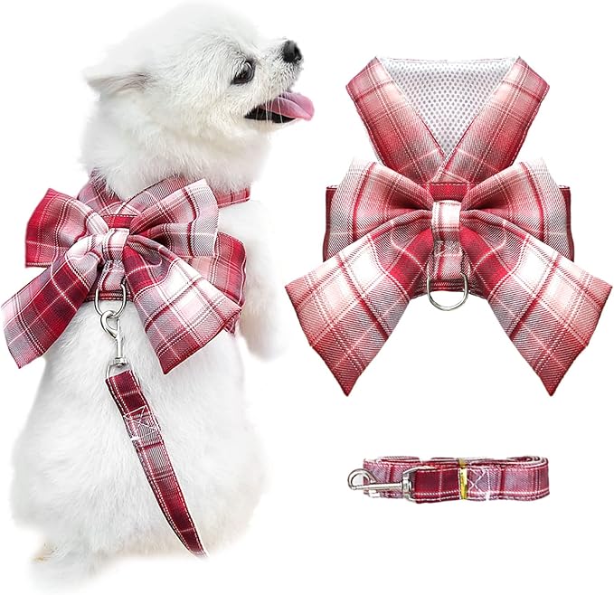 Dog Harness for Small Dogs With Bow and D-Ring - Soft Mesh Adjustable Set for Girl Puppies - Pet Harness and Leash