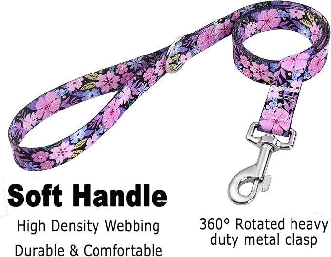 Dog Collar and Leash Set with Bohemia Floral Tribal Geometric Patterns - Soft Ethnic Style Collar Adjustable for Small Medium Large Dogs(Pink Floral Set,XS)