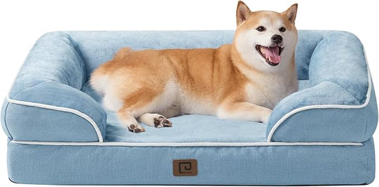 EHEYCIGA Orthopedic Dog Beds for Large Dogs, Waterproof Memory Foam Large Dog Bed with Sides, Non-Slip Bottom and Egg-Crate Foam Pet Couch Bed with Washable Removable Cover, Washed Blue