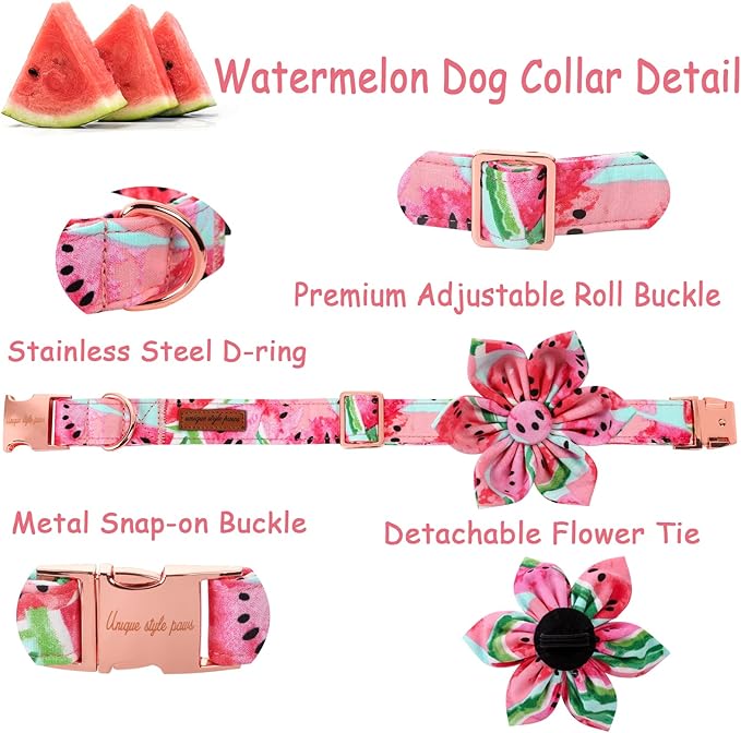 Unique style paws Dog Collar with Flower Tie Cotton Watermelon Collar Adjustable Summer Collar for Small Medium Large Dogs - XL