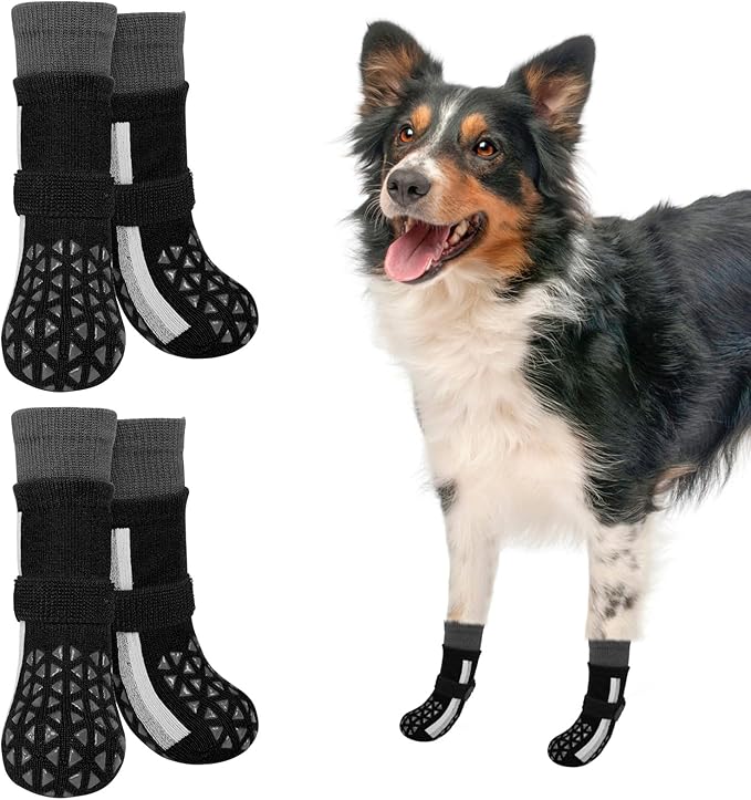 SCENEREAL Anti Slip Dog Socks for Hot Pavement to Prevent Licking Paws, Long Sporty Style Reflective Dog Grip Socks for Hardwood Floors, Dog Shoes Booties&Paw Protector for Large Senior Dog, Black L