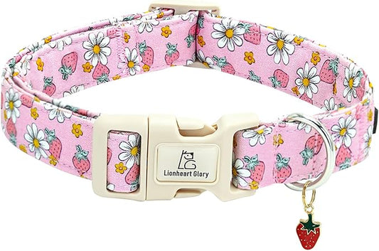 Lionheart glory Dog Collar Strawberries Print Pink Dog Collars Girl Spring Summer Cute Collar Pet Gift Durable Adjustable Dog Collar for Medium Dogs