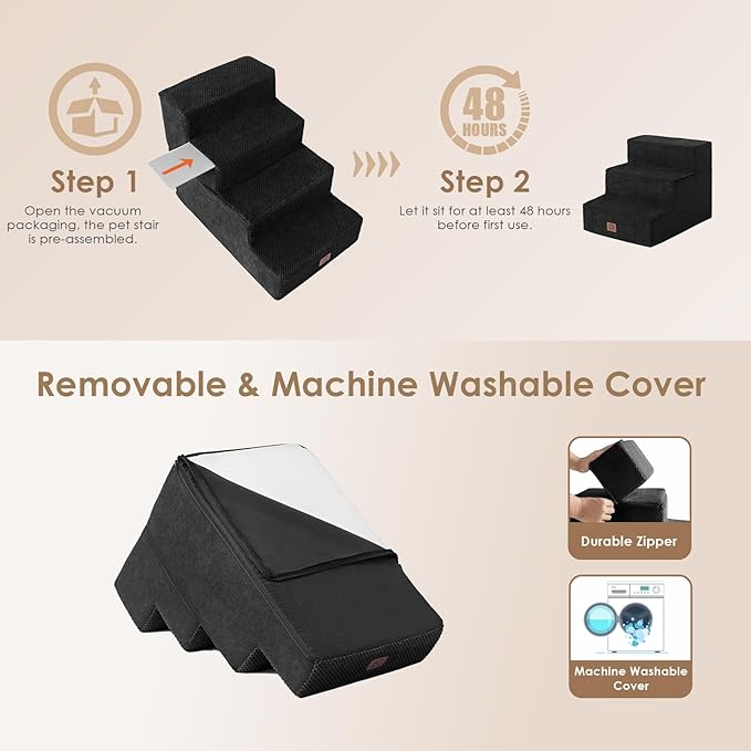 EHEYCIGA Dog Stairs for Small Dogs 13.5" H, 3-Step Dog Steps for Couch Sofa and Chair, Pet Steps for Small Cats, Non-Slip Balanced Pet Ramp Indoor, Black