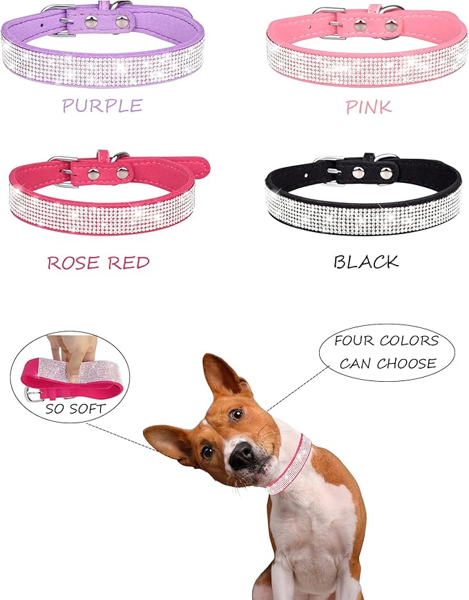 Dog Collar for Medium Dogs, Adjustable Leather Suede Bling Dog Collars，Rose Red Dog Collar Cat Collar, Rhinestone Dog Collar (M, Rose red)