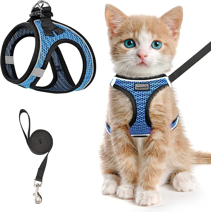 Cat Harness and Leash for Walking Escape Proof, Adjustable Kitten Vest Harness Reflective Soft Mesh Puppy Harness for Outdoor, Comfort Fit, Easy to Control (Blue, S)
