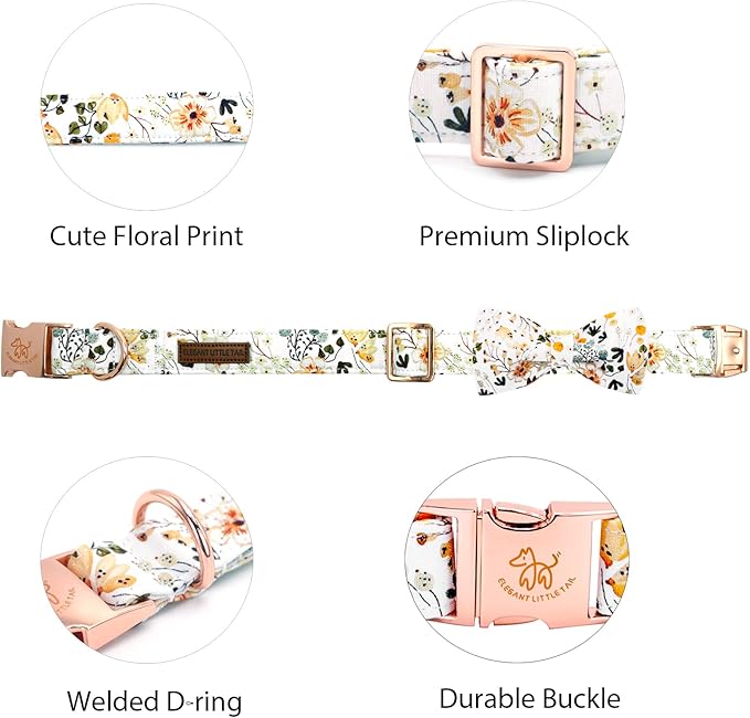 Elegant little tail Dog Collar, Floral Print Pet Collar with Bow Girl Cotton Bowtie Collars Spring Dog Collars Gift Adjustable Dog Collar for Small Dogs