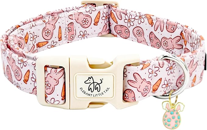 Elegant little tail Easter Dog Collar,Bunny Pattern Pet Collar Pink Durable Holiday Female or Male Adjustable Cotton Pet Collar with Quick Release Buckle for X-Small Puppy