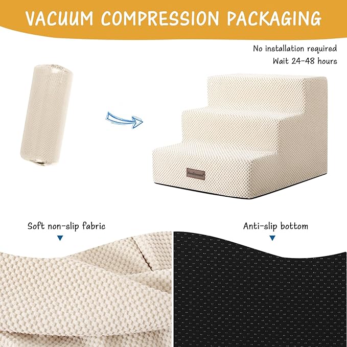 Dog Stairs for Small Dogs & Cats, 3-Step Non-Slip Pet Steps for Couch Sofa and Chair, Beige, 13.6" H