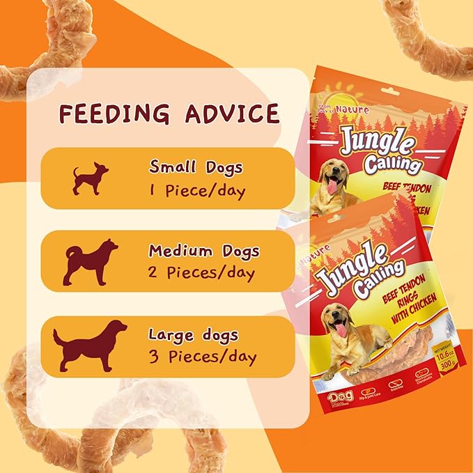 Jungle Calling Beef Tendons for Adult Dogs, Chicken Wrapped Tendons Dog Chews Long Lasting Hip and Joint Supplement for Dogs with Glucosamine (Ring)