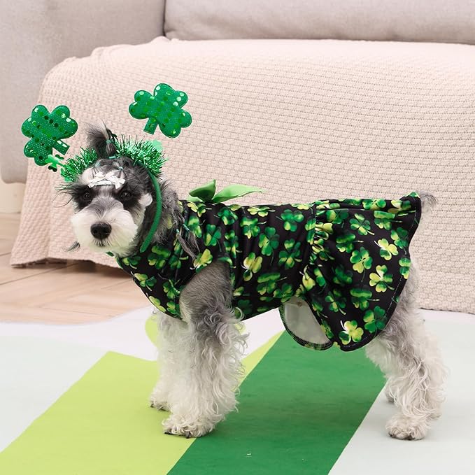 CuteBone Turtleneck Dog Velvet Dress St. Patrick's Day Four Leaf Clover Puppy Skirt Costume Pet Clothes Cat Apparel with Bow Hair Rope for Small Dogs CVD20XS