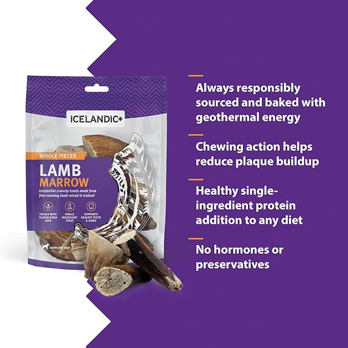 Icelandic+ Lamb Marrow - Whole Pieces - 4oz Bag - 2.5-3" Dog Chews, Long-Lasting Crunchy Treats, Keratin, All-Natural, Pet Snack, Edible & Digestible