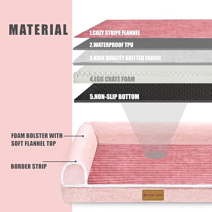 Patas Lague Orthopedic Dog Bed for Large Dogs Waterproof Comfortable L Shaped Medium Non-Slip Soft Warm Pet Sofa Sleep Bed mat with Removable Washable Cover 36''X24'' Pink