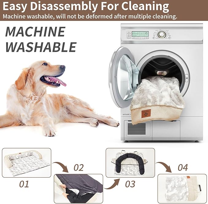 Calming Dog Couch Bed Mat, 35x31 Inch Waterproof Fluffy Sofa Cover, Furniture Protector with Handle, Removable and Washable Pet Bed for Small Medium Dogs and Cats (Beige)