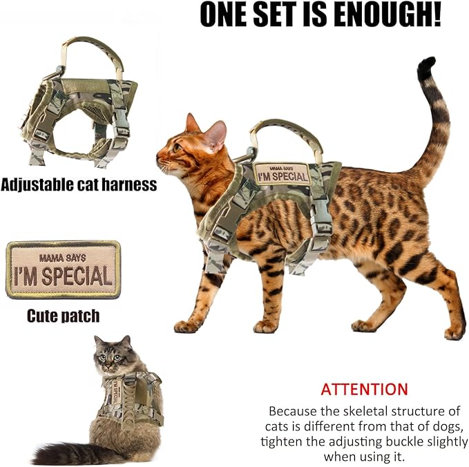 Tactical Cat Harness for Walking Escape Proof, Adjustable Pet Vest Harness, Soft Mesh with Control Handle for Large Cat Small Dog, Gift with Patch (Camouflage, cat Harness only)