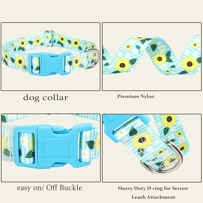Sunflower Floral Dog Collar - Soft Nylon Adjustable Collar for Small Dogs, Quick-Release Buckle, Durable Pet Collar for Boy and Girl Puppies (S)