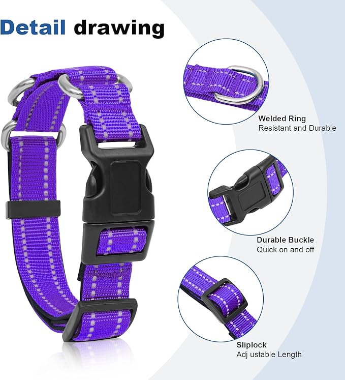 Reflective Martingale Dog Collars. Dog Collar with Quick Release Buckle. Adjustable Soft Padded Breathable Nylon Pet Collar Suitable for Puppies for Small Medium Large Dogs.
