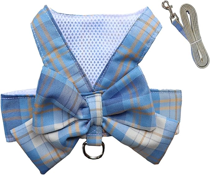 Dog Harness and Leash Set, Cute Bow Tie Plaid Harnesses for Puppy Cat, Adjustable Pet Kitties Vest, Breathable Harness Traction Rope for Boy Girl Small Animal(Harness Sky Blue,XS for 1.1-3.3lbs Dog)