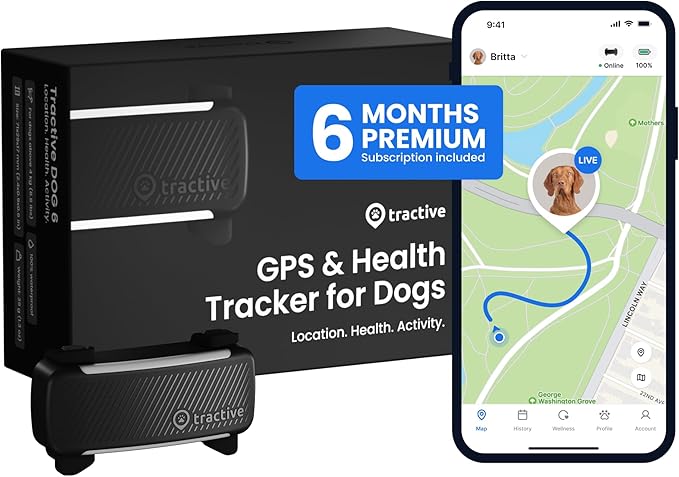 Tractive GPS Dog Tracker (2025 Release with Free 6 Month Subscription) | Real-time Pet Location Tracker | Health & Wellness Alerts | Virtual Fence for Dogs | Bark Monitoring (Black)