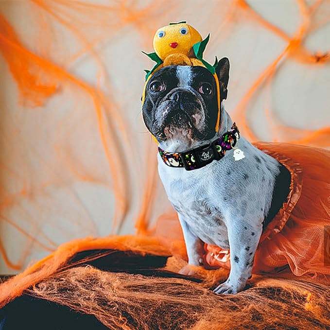 Elegant little tail Halloween Dog Collar, Ghosts Print Fall Male Cute Puppy Adjustable Cotton Pet Collar with Quick Release Buckle for Small Medium Large Dogs