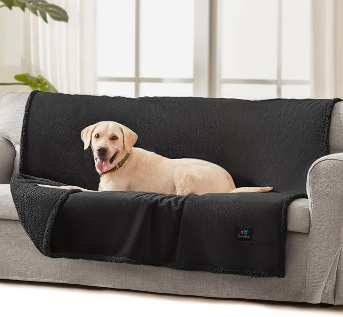 Luciphia Waterproof Blanket for Large Dogs Liquid Proof Furniture Protector Washable Pet Reversible Bed Cover for Couch Soft Sherpa Fleece Cat Blankets for Small Medium Black Large（65" x 57"）