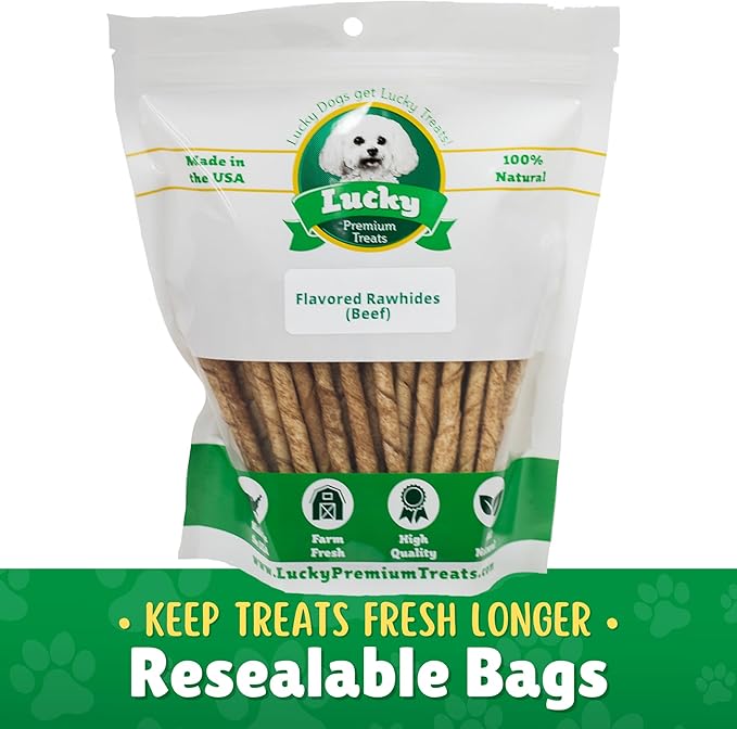 Beef Basted Rawhide Twist Sticks Dog Treats – 125ct. Premium Rawhide Chew Sticks – Long Lasting Beef Flavored Chews for Small Dogs Made in USA with Natural Beefhide