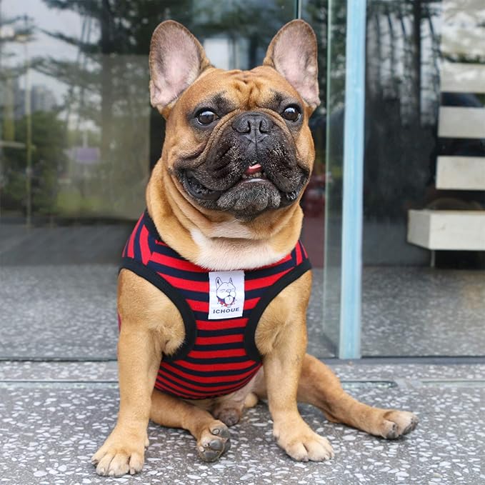 iChoue Pug 100% Breathable Cotton Striped T Shirts Halloween Vest Clothes for Medium Dogs Tank Tops Puppy French Bulldog Frenchie English Boston Terrier Pitbull Red Blue Stripes - Small