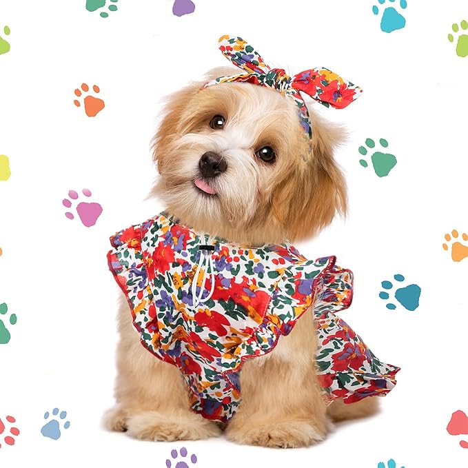 Frienda 2 Pcs Dog Dress Princess Floral Summer Puppy Dress with Bows Headband for Dog Cat Birthday Party Holiday Hawaiian Mermaid, Red and Yellow(M)