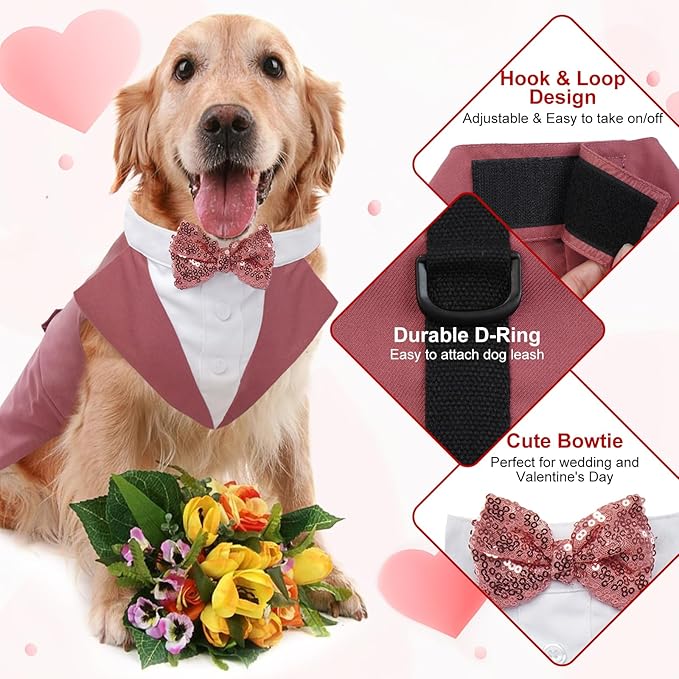 Kuoser Dog Tuxedo Dog Suit and Bandana Set, Dogs Tuxedo Wedding Party Suit, Doggy Prince Bow Tie Shirt Formal Pet Wedding Attire for Large Medium and Small Dogs Golden Retriever Samo Bulldogs