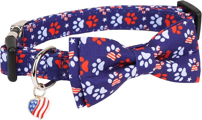 ADOGGYGO American Flag Dog Collar with Detachable Bowtie, Adjustable 4th of July Patriotic Collars for Small Medium Large Dogs Pets (Medium)