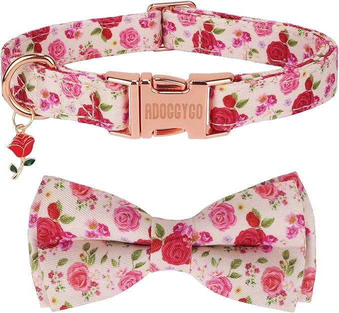 ADOGGYGO Floral Dog Collar with Bow, Red Pink Rose Flower Dog Bow Collar with Metal Buckle, Adjustable Pet Floral Collars for Small Dogs (Small)