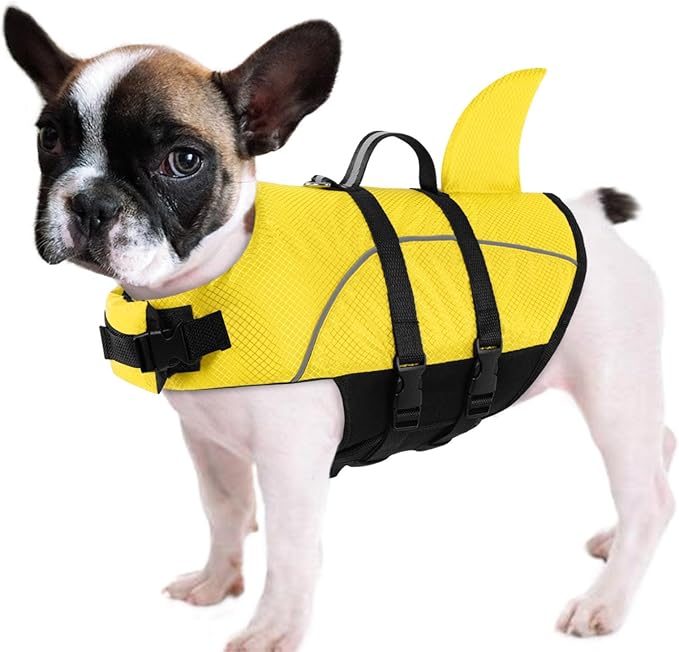 Queenmore Dog Life Jacket Small, Dog Life Vest for Swimming, Shark Life Jacket for Boating with Handle/Leash Hook, Lightweight Puppy Cats Floating Vest for Swim Water Pool (Yellow,S)