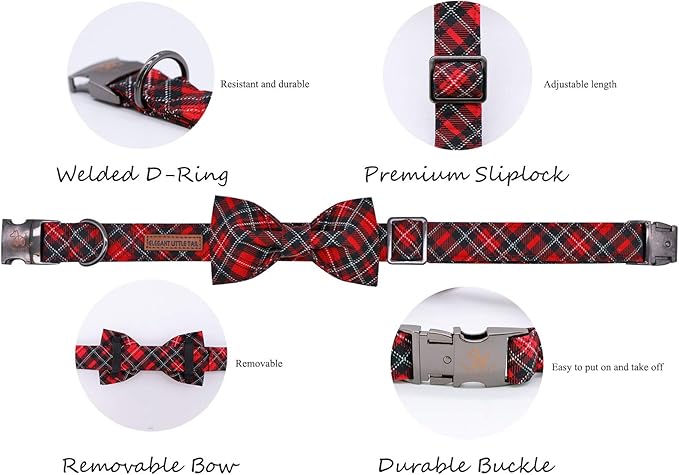 Elegant little tail Christmas Dog Collar, Pet Collar Plaid Soft with Comfy Bowtie Dog Collar Holiday Adjustable Pet Gift Collars for Small Medium Large Dogs
